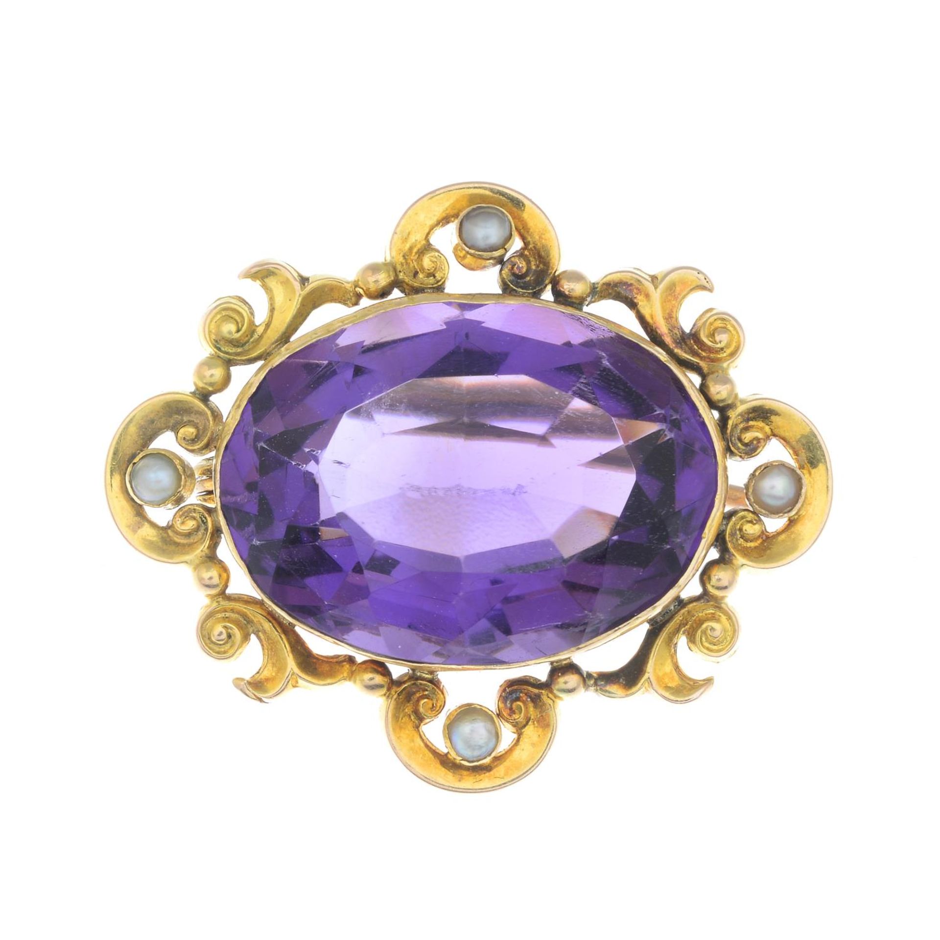 A late Victorian 15ct gold amethyst and split pearl brooch.Approximate dimensions of amethyst 22 by