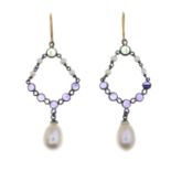 Peridot, amethyst and cultured pearl earrings,