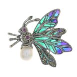 A ruby, pyrite, cultured pearl and plique-a-jour enamel butterfly brooch.Stamped 925.