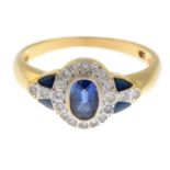 A 14ct gold sapphire, diamond and enamel dress ring.Total diamond weight 0.20ct, stamped to band.