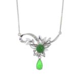 A jadeite and diamond floral pendant, on a box-link chain.Estimated total diamond weight 0.10ct.