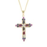 A 9ct gold ruby, sapphire and green gem cross pendant, with 9ct gold chain.