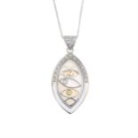 A diamond and mother-of-pearl pendant, with chain.Estimated total diamond weight 0.15ct.