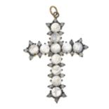 A moonstone and diamond cross pendant.Estimated total diamond weight 0.40ct.Stamped 925.Length