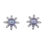 A pair of grey cultured pearl and brilliant-cut diamond cluster earrings.Estimated total diamond