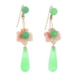 A pair of dyed jade and coral drop earrings.Length 4.6cms.