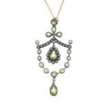 A peridot, diamond and split pearl pendant,