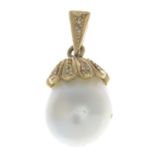 A cultured pearl and diamond pendant.Cultured pearl measuring 14.7mms.