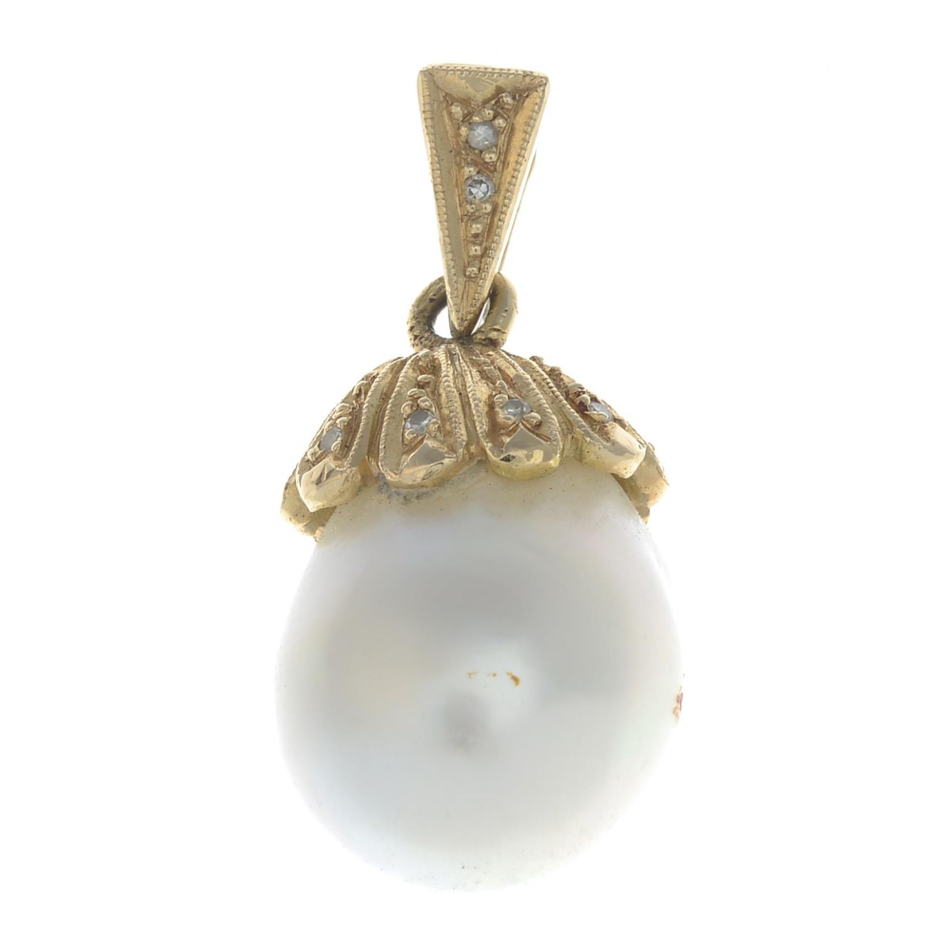 A cultured pearl and diamond pendant.Cultured pearl measuring 14.7mms.