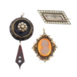 Carnelian cameo and split pearl cameo brooch,