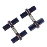 A pair of lapis lazuli and calibre-cut ruby cufflinks.Stamped 925.