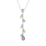 An 18ct gold citrine, blue topaz, amethyst and gem-set necklace.Hallmarks for 18ct gold.