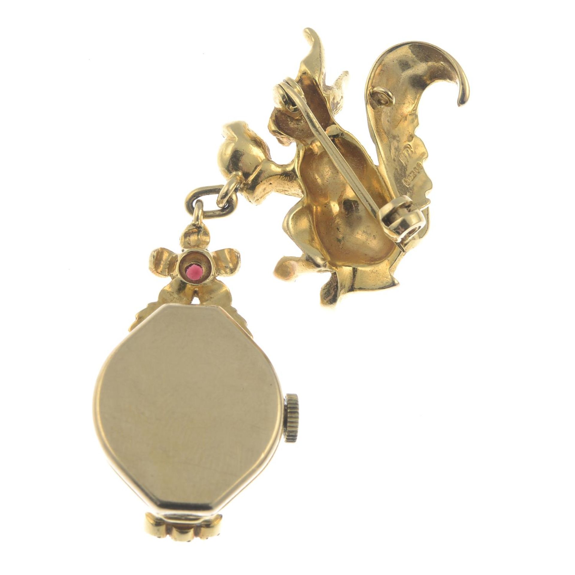 A 1960s 9ct gold cultured pearl and garnet squirrel brooch, suspending a 9ct gold fob watch. - Image 2 of 2