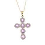 A 9ct gold pink sapphire and single-cut diamond cross pendant,