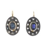 A pair of sapphire and rose-cut diamond cluster earrings.Length 1.2cms, Total weight 3.9gms.