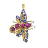 A ruby, sapphire and baguette-cut diamond butterfly pendant.French assay marks,