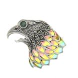 A plique-a-jour enamel hawk's head brooch,