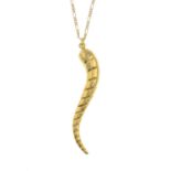 A 9ct gold pendant, depicting a cornu/horn, with 9ct gold chain.Hallmarks for 9ct gold.