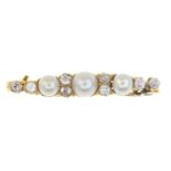 An early 20th century cultured pearl and old-cut diamond bar brooch.Estimated total diamond weight