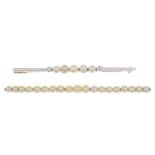 Mid 20th century cultured pearl and old-cut diamond bar brooch,