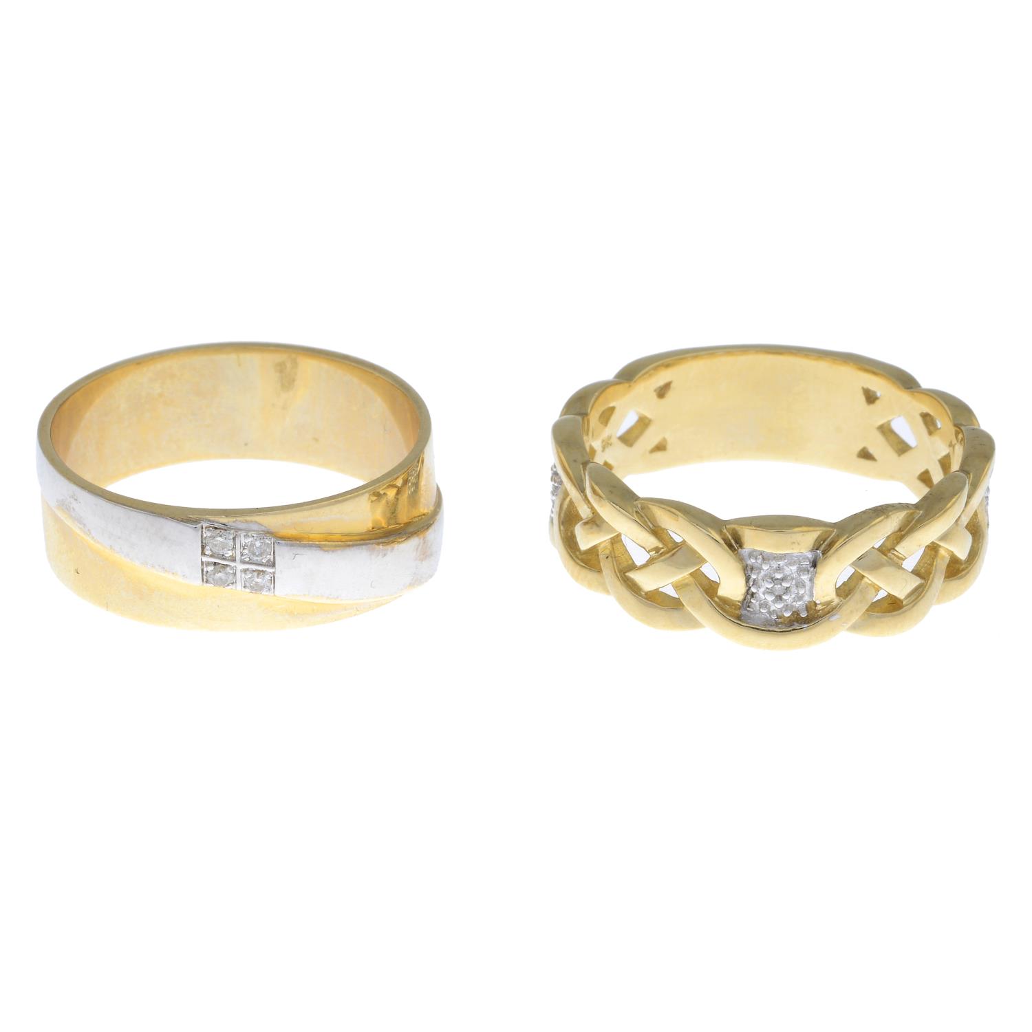 Two diamond accent rings.One stamped 9K, ring size W, 6.2gms.