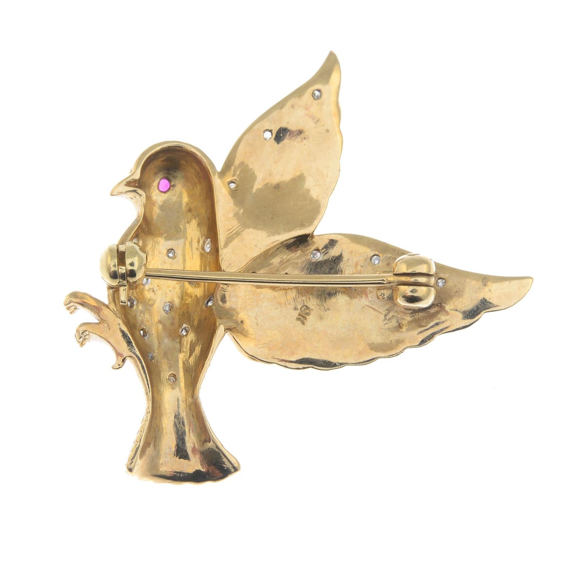A diamond and ruby bird brooch.Estimated total diamond weight 0.20ct. - Image 2 of 2