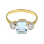 An aquamarine and brilliant-cut diamond three-stone ring.Aquamarine weight 1.25cts.Total diamond