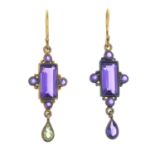 A pair of amethyst and peridot drop earrings.Length 4cms.