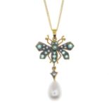 An emerald, diamond and cultured pearl butterfly pendant,