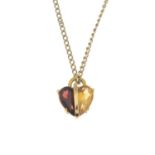 A garnet and citrine heart pendant, with 9ct gold chain.Chain with hallmarks for 9ct gold.