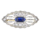 A mid 20th century sapphire and diamond openwork brooch.Estimated total old-cut diamond weight
