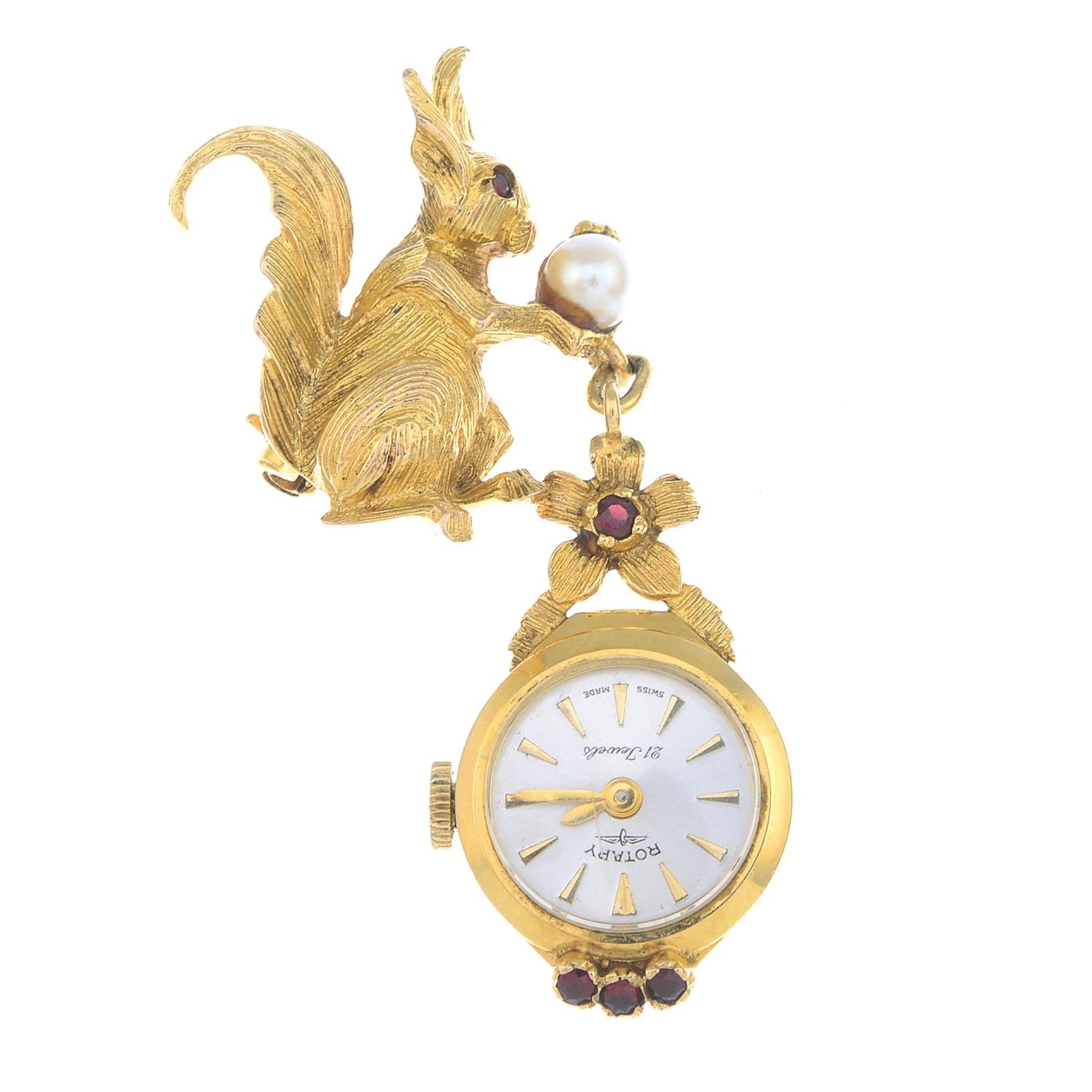 A 1960s 9ct gold cultured pearl and garnet squirrel brooch, suspending a 9ct gold fob watch.