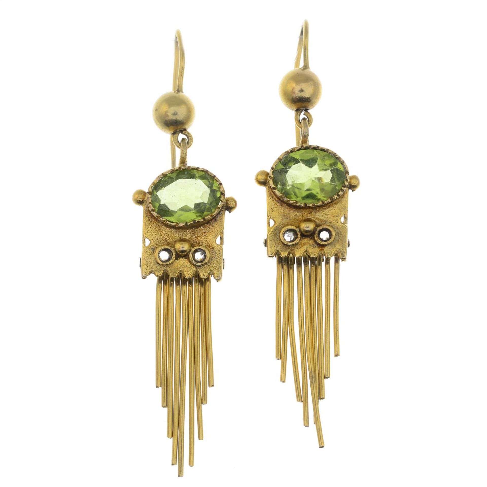 A pair of peridot earrings.Stamped 9CT, partially indistinct.