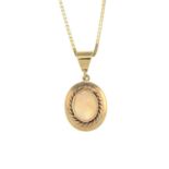 An opal cabochon pendant, with chain.Pendant stamped 9CT.