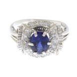 A mid 20th century platinum sapphire and single-cut diamond dress ring.Sapphire calculated weight