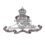 An early 20th century rose-cut diamond and enamel Royal Artillery brooch.Length 3.5cms.