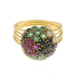 A ruby, sapphire, emerald and colourless gem bombe ring.Stamped 750.