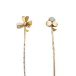 Early 20th century gold opal and diamond clover stickpin, length of stickpin head 1cm, 1.2gms.