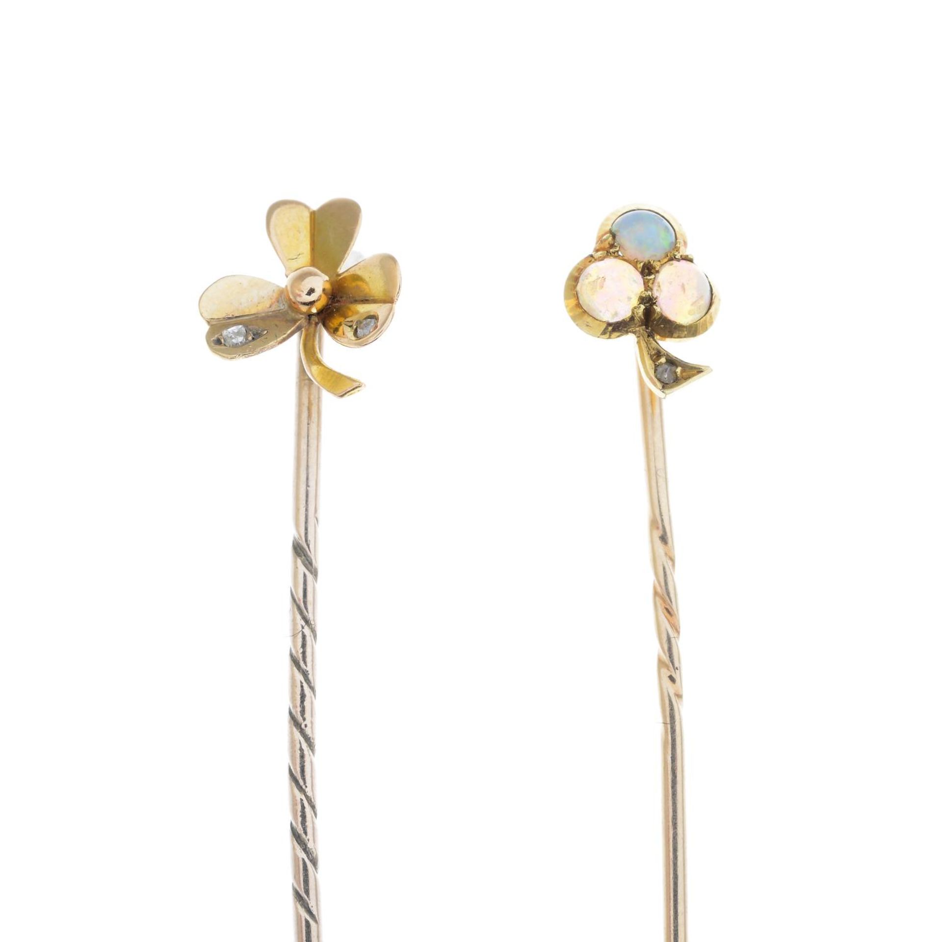 Early 20th century gold opal and diamond clover stickpin, length of stickpin head 1cm, 1.2gms.