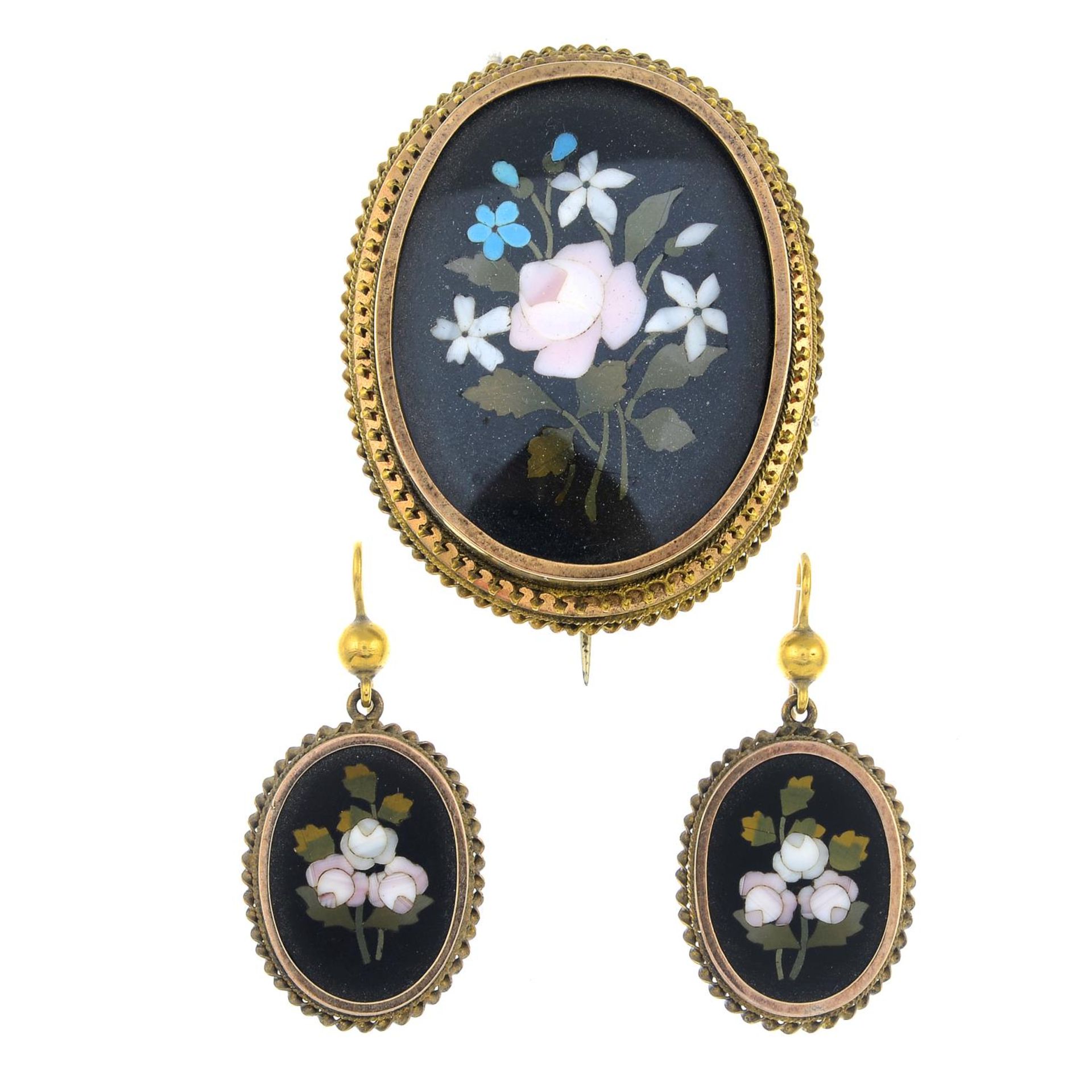 A late 19th century gold gem-set pietra dura brooch and a pair of earrings.Length of brooch 4.3cms.