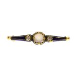 An early 20th century blue enamel, old-cut diamond and opal bar brooch.Length 3.7cms.