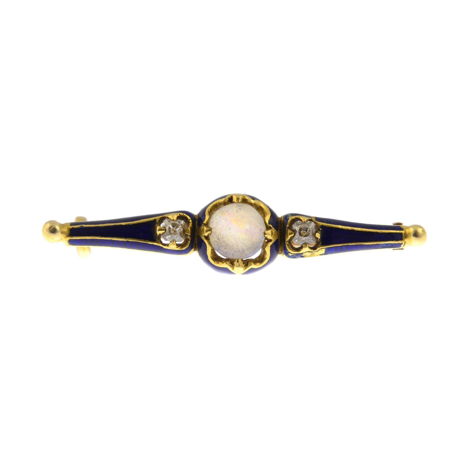 An early 20th century blue enamel, old-cut diamond and opal bar brooch.Length 3.7cms.