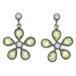 A pair of diamond and green quartz floral earrings.Estimated total diamond weight 0.10ct.