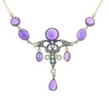 An amethyst, split pearl, diamond and gem-set necklace.Clasp stamped 375.