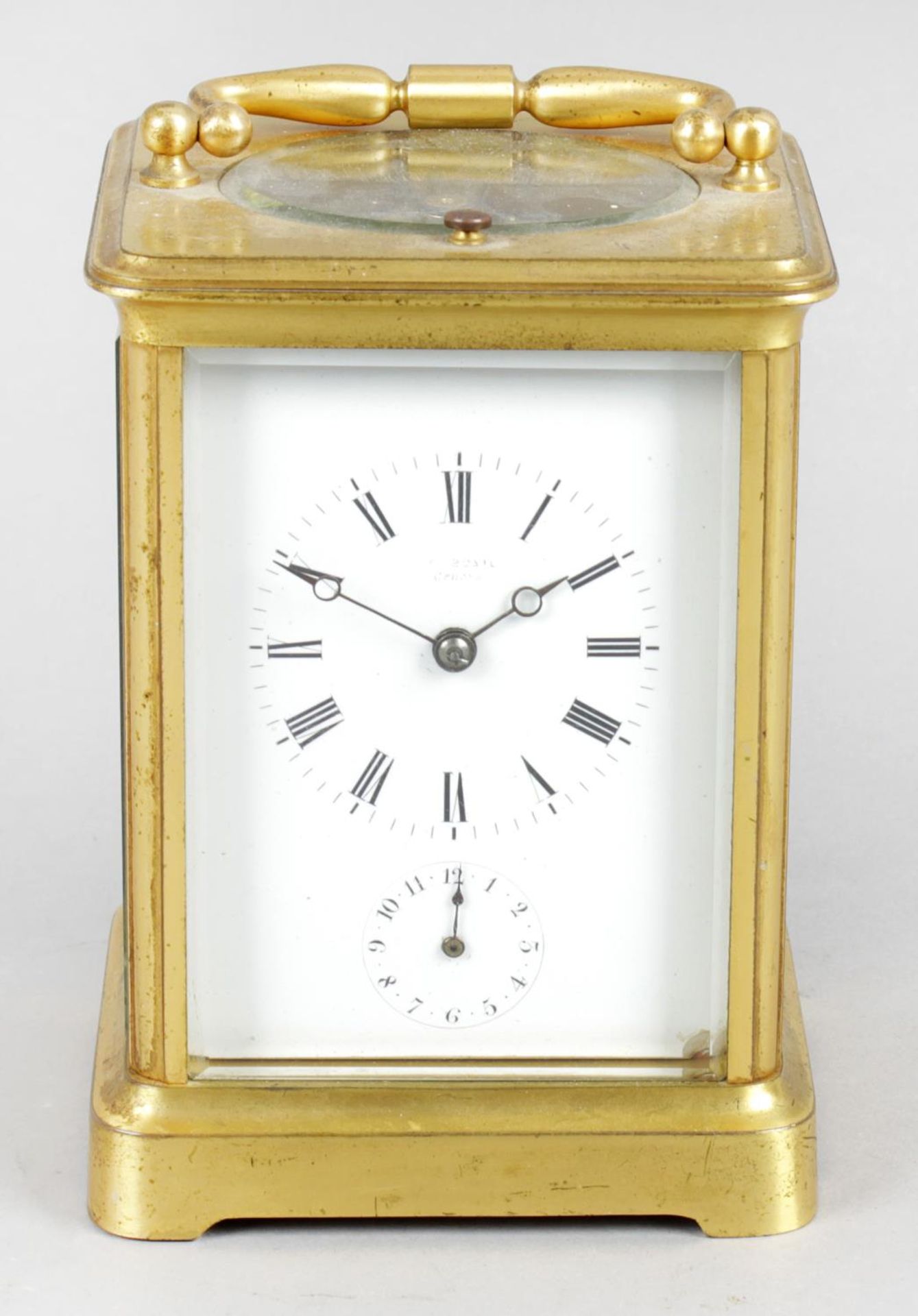 A late 19th century gilt metal cased repeater carriage clock,
