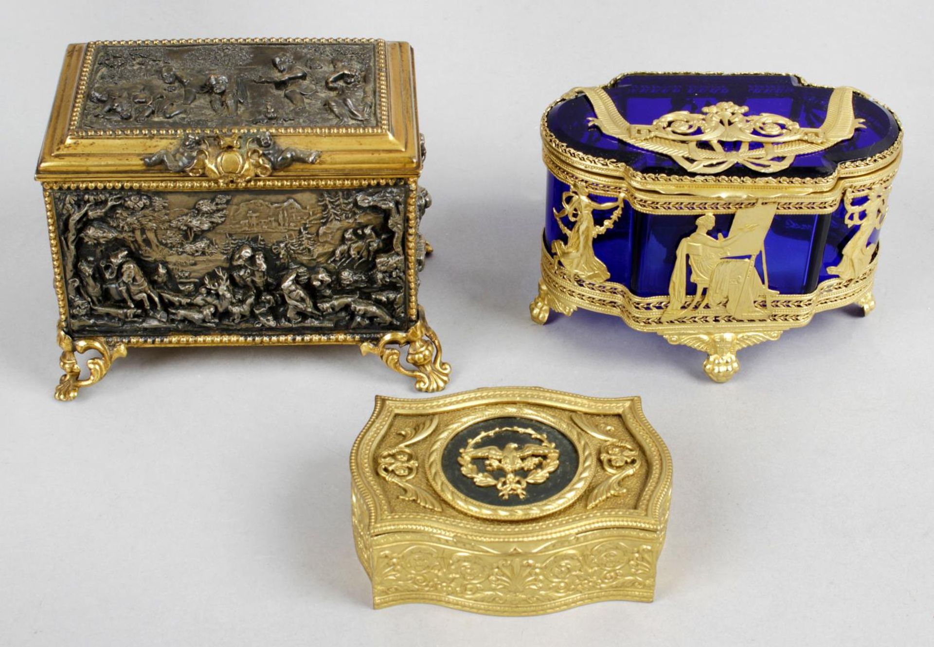 A small late 19th century gilt metal and bronzed casket,