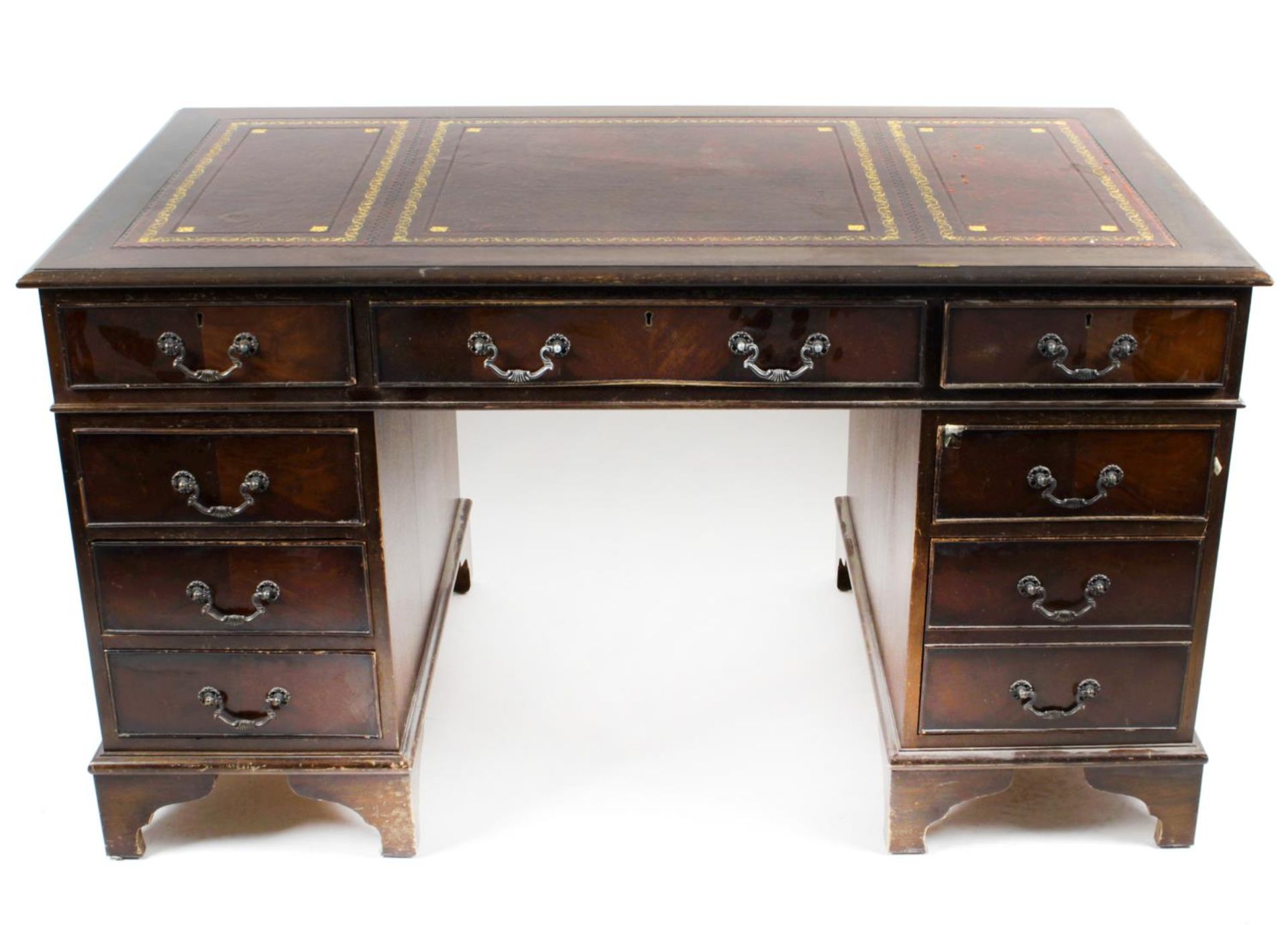 A reproduction twin pedestal mahogany veneered desk,