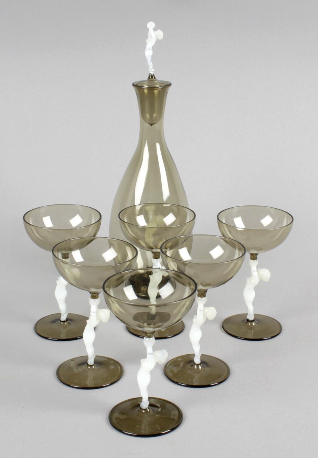 An Art Deco Bimini smoky and opeline glass drinks set,