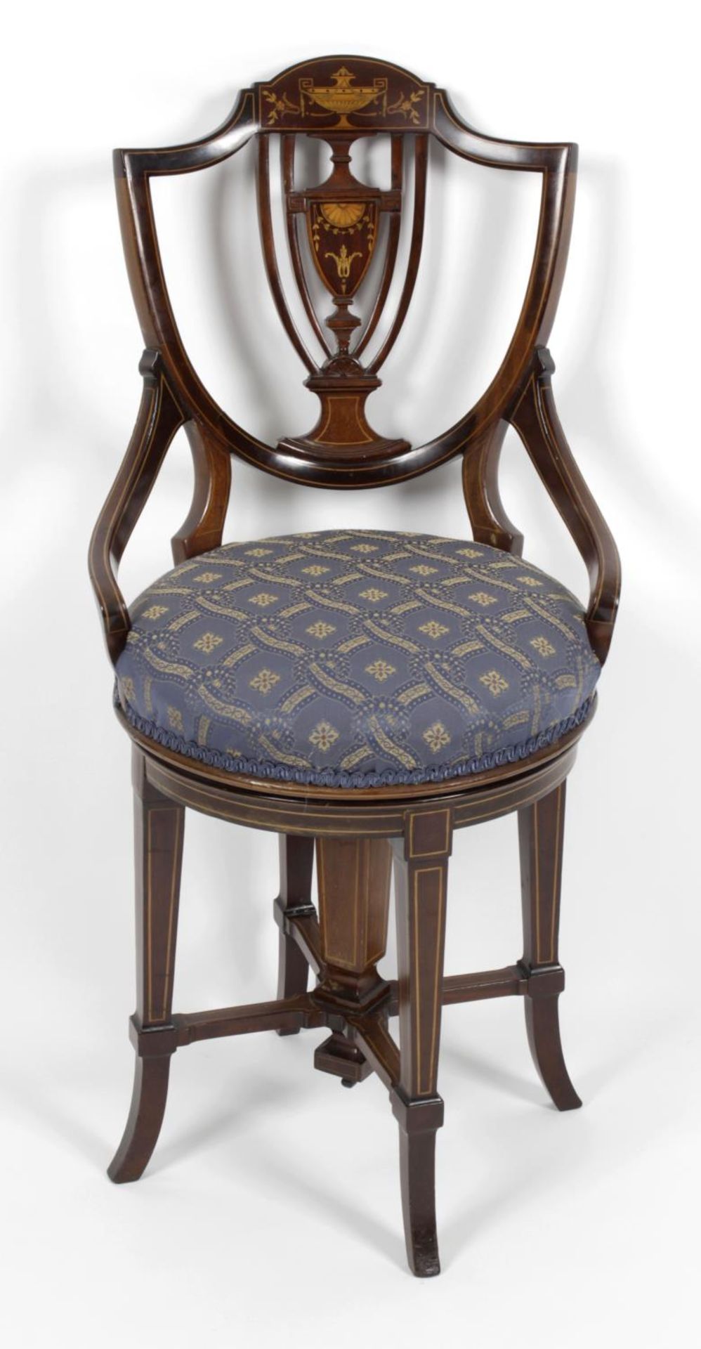 An Edwardian inlaid mahogany music chair by Edwards and Roberts,