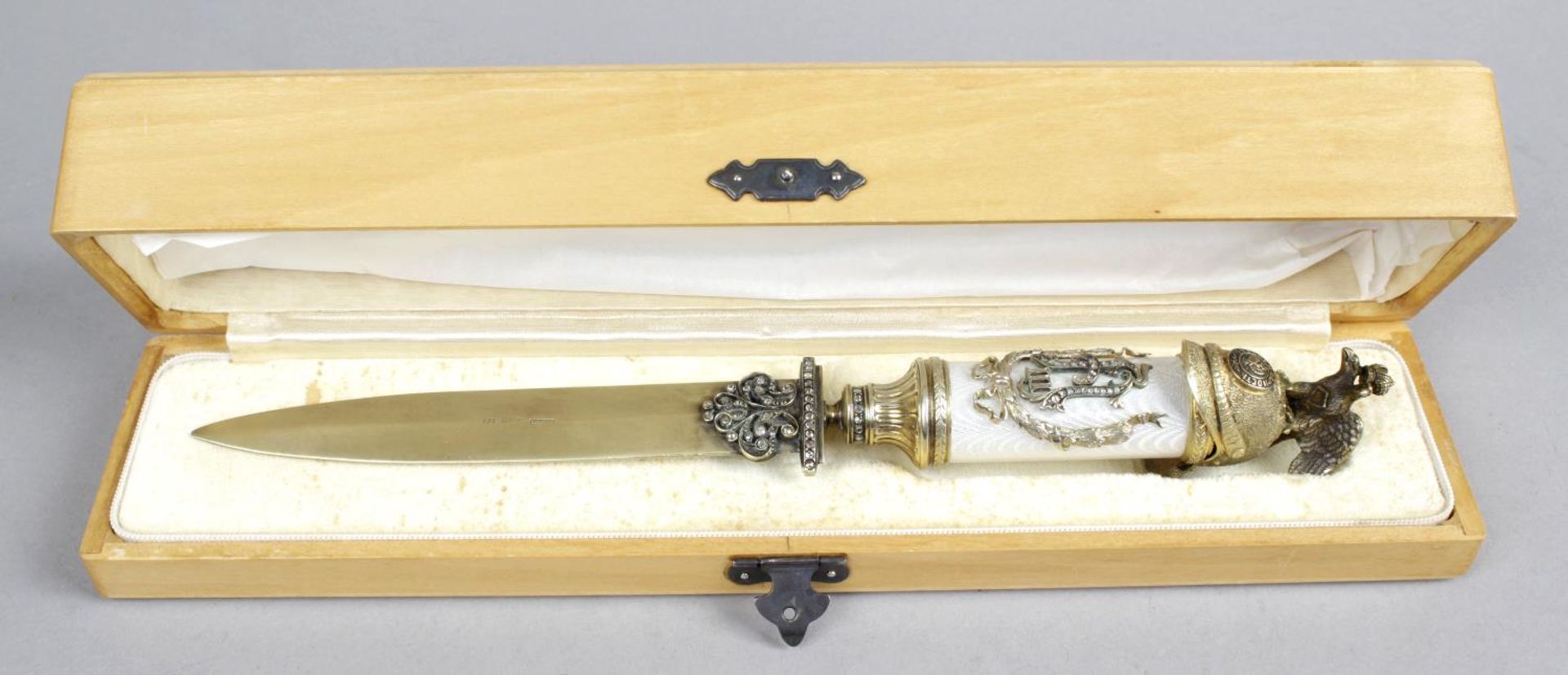 A Russian silver-gilt and enamel paper knife,